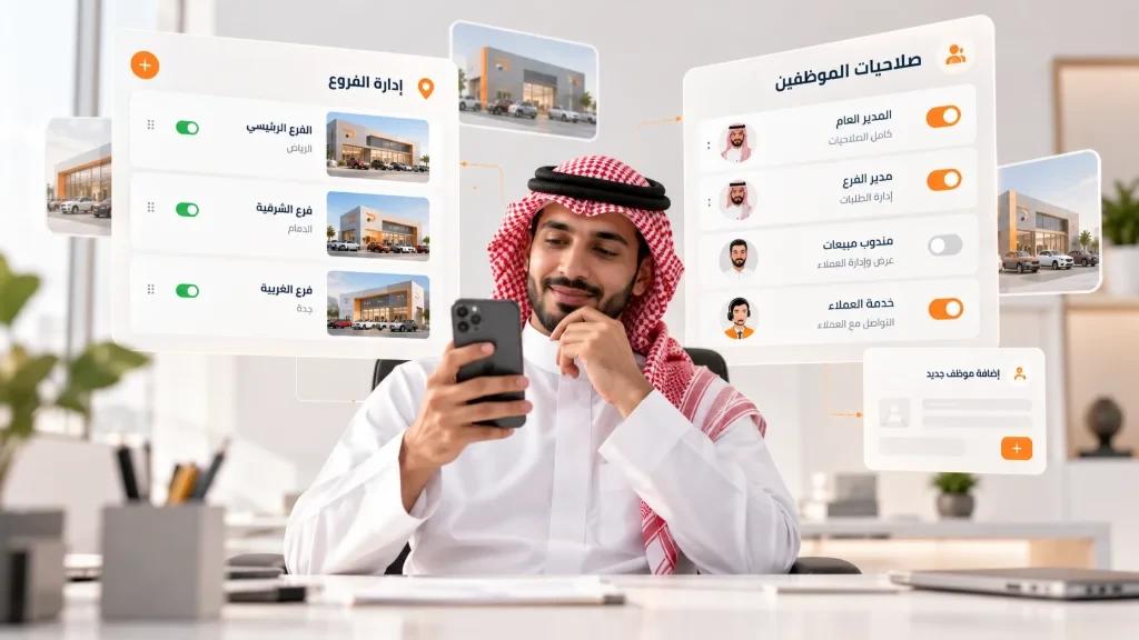 إدارة فروع معارض السيارات بالسيارة الرقمية: إضافة الفروع وتحديد صلاحيات الموظفين